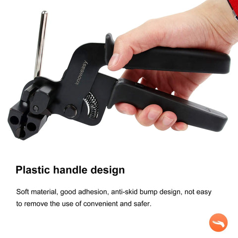 No-Sweat Stainless Steel Cable Tie Gun in hand, showcasing plastic handle design for easy wire bundling around the house.