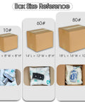 Box size references with varying sizes 10#, 60#, and 80#, showing packed items for shipping.