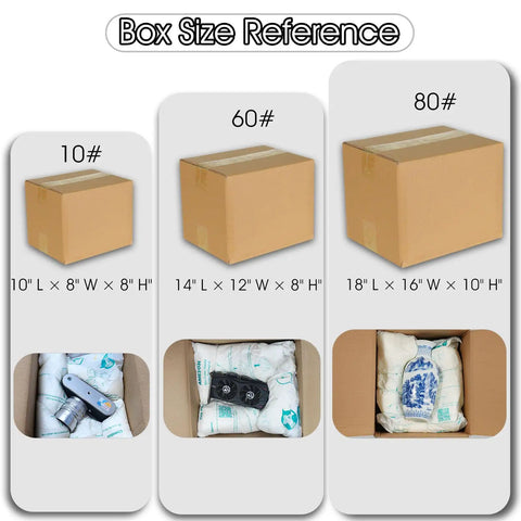 Box size references with varying sizes 10#, 60#, and 80#, showing packed items for shipping.