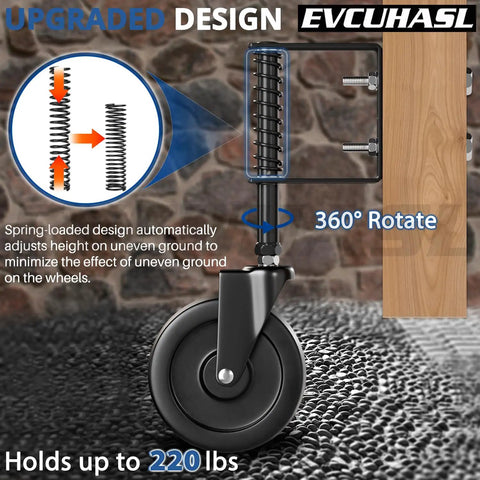 Heavy Duty 5 Inch Spring Loaded Gate Caster Wheel Packs Rock Solid Shock Absorption And Smooth 360 Swivel Glide For Outdoor Wooden Fence And Steel Tube Gates No Stress Rolling Up To 220 Pound In Matte Black, close-up of spring-loaded wheel adjuster.