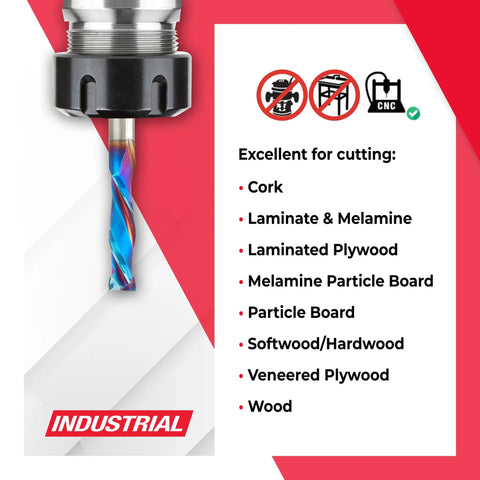 Spektra Extreme Tool Life Coated Mortise Compression Spiral Router Bit with CNC icon and cutting materials list