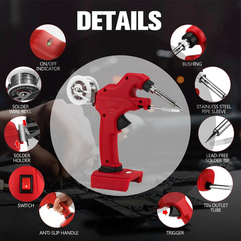 Close-up of Cordless Soldering Iron Kit Compatible With Milwaukee 18V Batteries showing features and accessories details.