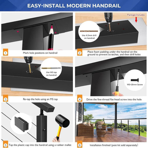 Easy-install modern Tough As Nails 8 Foot Marine Grade Stainless Steel Black Handrail For Cable Railing Systems setup guide.