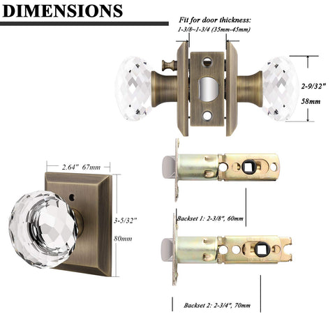 Six Pack Vintage Crystal Door Knobs With Privacy Lock For Interior Doors dimensions and details view