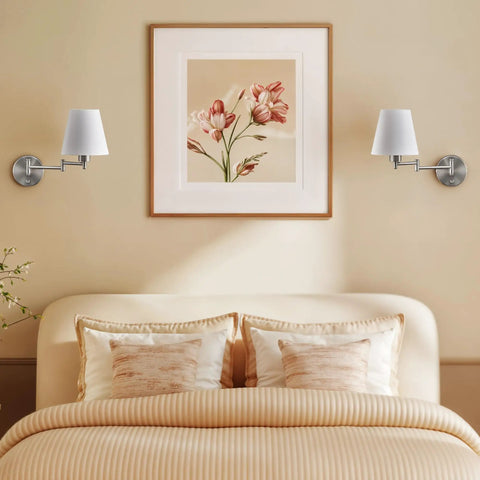 Bedroom interior with Dope Adjustable Swing Arm Wall Lamp Brushed Nickel With White Fabric Shade Plug In Wall Sconce