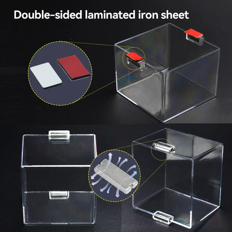 Magnetic Push Button Switch Protective Cover Square 84x84x62mm Dustproof Waterproof Transparent Shield showing iron sheets
