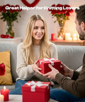 Couple exchanging gifts with candles and flowers, labeled 'Great Helper for Knitting Lovers'
