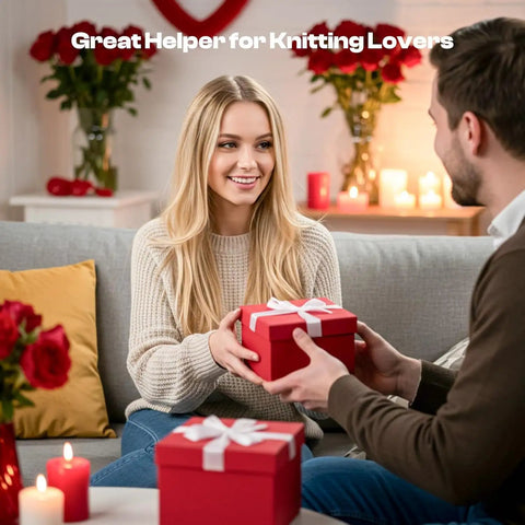 Couple exchanging gifts with candles and flowers, labeled 'Great Helper for Knitting Lovers'