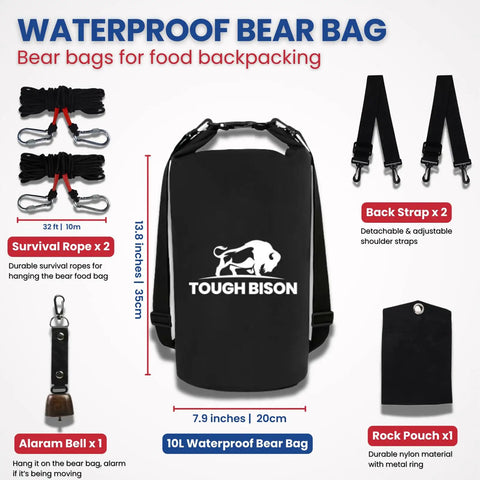Bear Bag Hanging Kit With 10L Waterproof Bear-Proof Food Storage Bag, 2 Straps, Rock Sack And 2 Ropes, 4 Safety Clips for hiking
