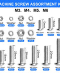 Heavy Duty Stainless Steel Screws And Nuts Assortment Kit, 333 Piece Phillips Pan Head Bolt Set With Washers sizes M3 M4 M5 M6 displayed with quantities