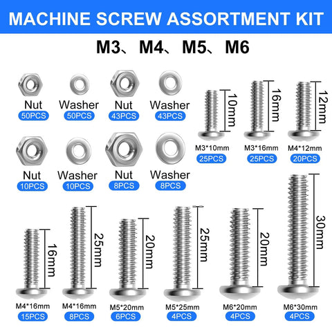 Heavy Duty Stainless Steel Screws And Nuts Assortment Kit, 333 Piece Phillips Pan Head Bolt Set With Washers sizes M3 M4 M5 M6 displayed with quantities
