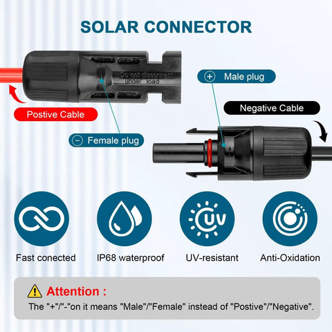 10 AWG Solar Extension Cable 100 Feet With Male To Female Connector diagram showing male and female plugs