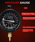 Fuel Pump And Vacuum Tester Gauge For Car Carburetor Diagnostics With Leak Testing Lets You Nail Fuel Pump Pressure To 10 PSI And Read Engine Vacuum To 28 InHg Includes Large Three And A Half Inch Adapters And Red Blow Mold Case. black pressure gauge with rubber surround and brass fitting