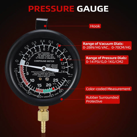 Fuel Pump And Vacuum Tester Gauge For Car Carburetor Diagnostics With Leak Testing Lets You Nail Fuel Pump Pressure To 10 PSI And Read Engine Vacuum To 28 InHg Includes Large Three And A Half Inch Adapters And Red Blow Mold Case. black pressure gauge with rubber surround and brass fitting