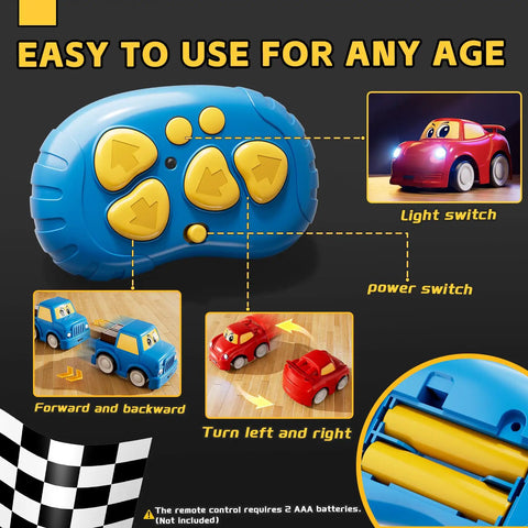 Blue four-button remote for Two Pack Easy Use 2.4 GHz RC Cars For Toddlers And Kids Ages 1 To 6 With Cartoon Design features labeled controls