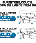 Diagram showing Heavy Duty Plastic Couch Cover For Moving And Storage Waterproof Clear Sofa Wrap with dimensions 96" x 42" x 62" and 96" x 42" x 41"