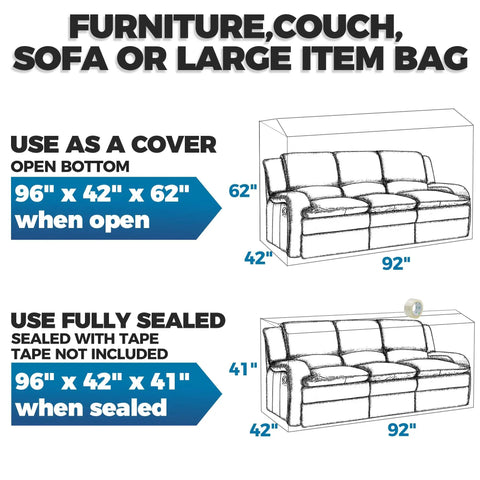 Diagram showing Heavy Duty Plastic Couch Cover For Moving And Storage Waterproof Clear Sofa Wrap with dimensions 96" x 42" x 62" and 96" x 42" x 41"