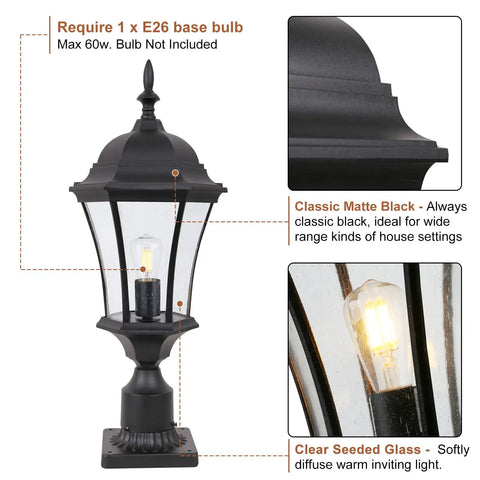 Outdoor Post Light Fixture With Pier Mount, 20-Inch High Matte Black Lantern With Clear Seeded Glass, 60W Post Lamp.