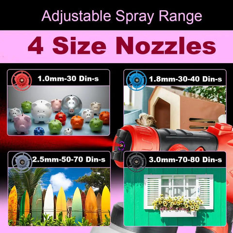 Adjustable spray range showing 4 size nozzles for Heavy Duty HVLP Electric Paint Sprayer Cranks Out Dang Smooth Durable Coatings.