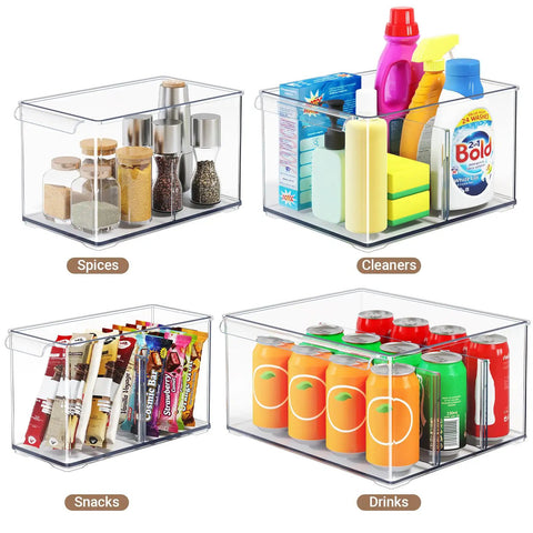 Clear Plastic Storage Bins With Dividers 3 Pack Acrylic Stackable Organizer Boxes With Spices, Cleaners, Snacks, Drinks