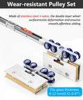 Wear-resistant pulley set with stainless steel and nylon components for Dual Soft-Close Frameless Glass Sliding Door Track System