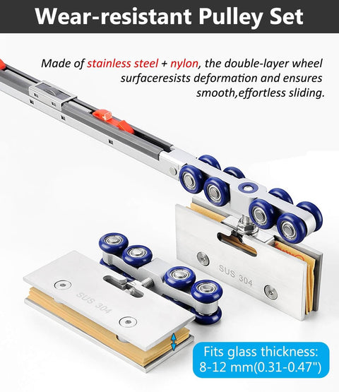 Wear-resistant pulley set with stainless steel and nylon components for Dual Soft-Close Frameless Glass Sliding Door Track System