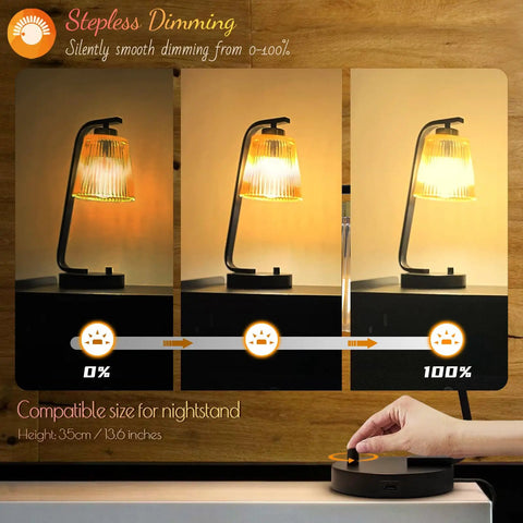 Amber Glass Bedside Lamps Set of 2 For Bedroom With USB Port, Dimmable Nightstand showing adjustable brightness levels.