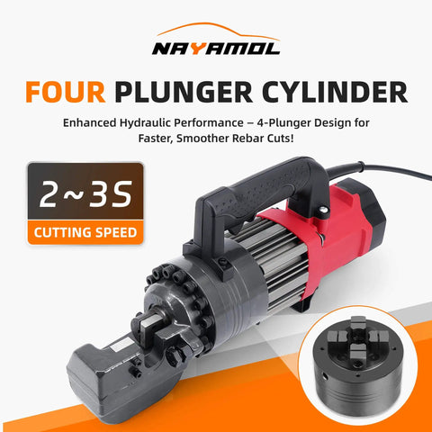 NAYAMOL 1400W Hydraulic Rebar Cutter Fast 2-3s Cutting Speed Portable Rebar Shear Machine showing four plunger cylinder design for efficient cutting.
