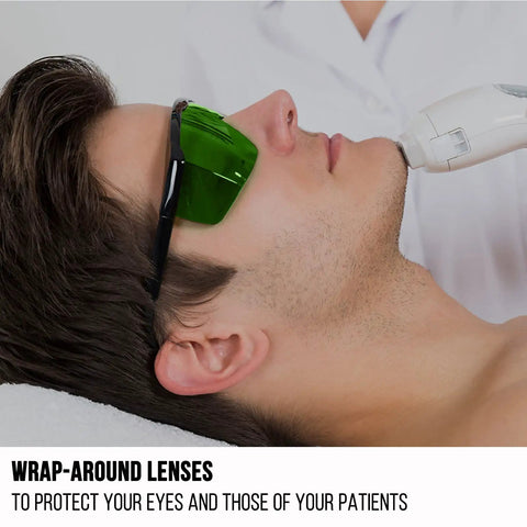 Person wearing Laser Safety Glasses For IPL 200 To 2000 Nm Eye Protection with green lens during laser treatment