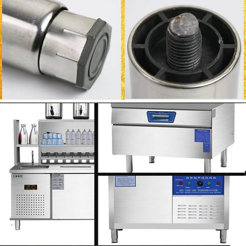 Heavy Duty Stainless Steel Furniture Legs Set with Adjustable Cabinet Feet for Refrigerator Table Cupboard and Workbench Support 12cm and 10cm Options 4 Pack Built to Last and Rust Resistant, shown with industrial equipment.