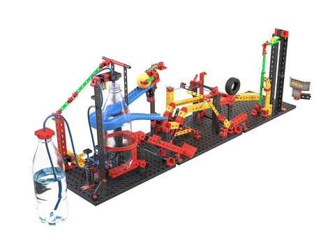 Crazy Reactions Building Kit 428 Components To Build Any Of Three Models, Hook It Up With Chain Reactions And Funny Machines, Expandable With Everyday Objects For Wild Creative Experiments, assembled chain-reaction model with bottles and track