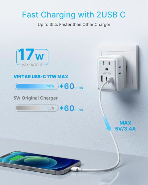 Two Pack European Travel Plug Adapter 7 In 1 Foldable Type C Power Converter No Sweat Build For Continental Europe Trips Grab And Go Essentials Universal Charging Hub Ready, showing fast charging output and USB-C connection.