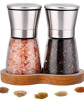 Salt And Pepper Grinder Set With Wooden Standing Tray Refillable Pepper Mill Set In Brushed Stainless Steel Short Glass Shakers
