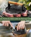 Cast Iron Smash Burger Press 7 Inch for Juicy Patties and Crispy Bacon Grooved Grill Press Tool for Blackstone Camp Chef Weber Grills and Indoor Griddles Heavy Duty No Coating Safe for High Heat BBQ Must Have