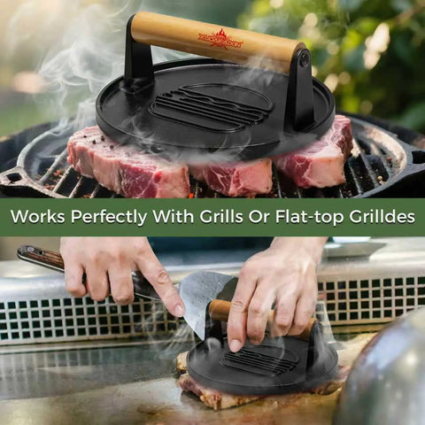 Cast Iron Smash Burger Press 7 Inch for Juicy Patties and Crispy Bacon Grooved Grill Press Tool for Blackstone Camp Chef Weber Grills and Indoor Griddles Heavy Duty No Coating Safe for High Heat BBQ Must Have