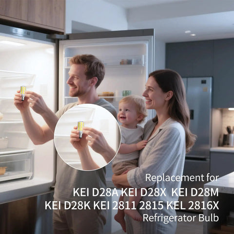 Two Pack E17 Refrigerator Light Bulbs 3.8W being placed in a fridge by a family, smiling with open refrigerator nearby.