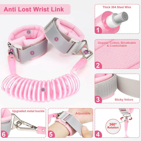 3 In 1 Toddler Harness Leash Set With Anti Lost Wrist Link For Girls And Boys, pink adjustable strap, Velcro, steel wire