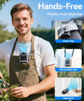 Man using Waist Clip On Personal Fan With 10000mAh Battery, Hands Free Belt Cooler On The Go, USB Type C Power Bank, Built In Flashlight