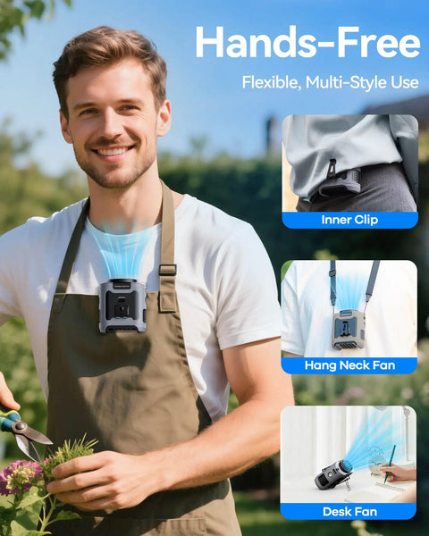 Man using Waist Clip On Personal Fan With 10000mAh Battery, Hands Free Belt Cooler On The Go, USB Type C Power Bank, Built In Flashlight