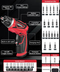 Badass Cordless Electric Screwdriver Drill Set, 8V Rechargeable Battery, 28 Piece Kit shown with features like LED light and torque settings.