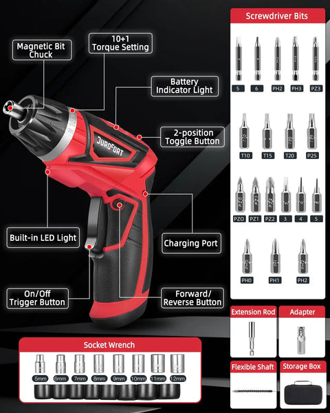 Badass Cordless Electric Screwdriver Drill Set, 8V Rechargeable Battery, 28 Piece Kit shown with features like LED light and torque settings.