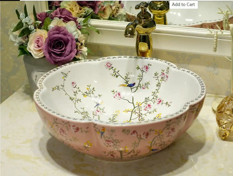 Blue Ceramic Vessel Sink For Bathroom Vanity Top Above Counter Bowl With Floral Bird Pattern Modern American Style Porcelain Sink Without Faucet Durable And Easy To Clean on marble countertop