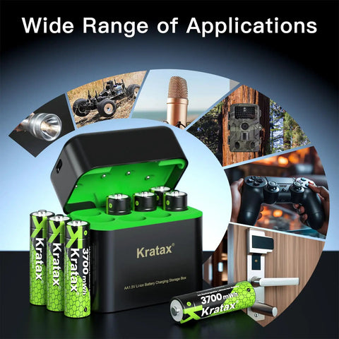Top Shelf AA Rechargeable Lithium Batteries 3700Mah 8 Pack With Rapid Dock Charging Case and multiple application visuals.