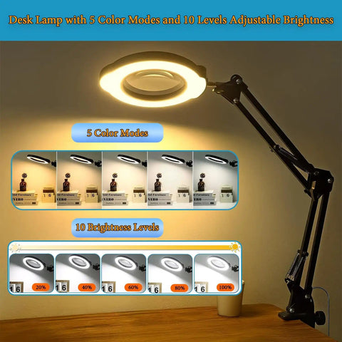 Dope 15X Magnifying Glass Desk Lamp With Metal Base 360 Degree Rotatable Aluminum Arms Five Color Modes And Ten Brightness Levels