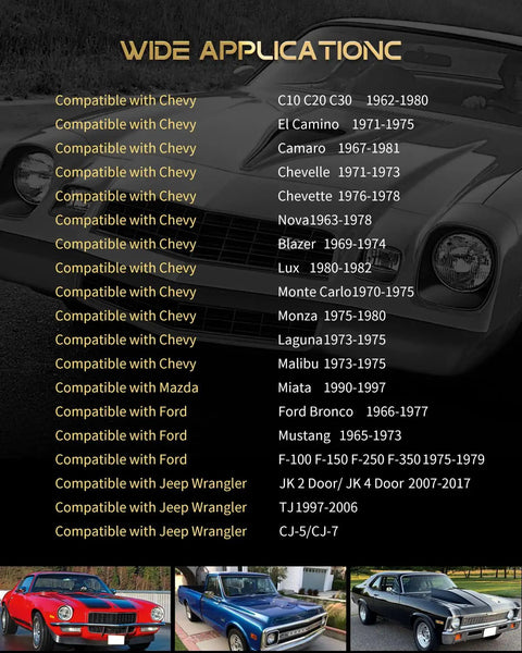 Image showing compatibility list of models for 2 Pack 7 Inch LED Headlights For Jeep Wrangler Chevy And Miata DOT Approved Hi Lo Beam