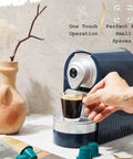 Nespresso Compatible Single Serve Espresso Machine One Touch Quick Brew Coffee Maker Compact 27oz Removable Tank Adjusting drip tray in use.