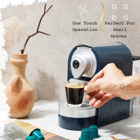 Nespresso Compatible Single Serve Espresso Machine One Touch Quick Brew Coffee Maker Compact 27oz Removable Tank Adjusting drip tray in use.