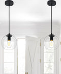 Industrial Farmhouse Globe Pendant Light Fixture With Adjustable Cord Black Hanging Ceiling Chandelier For Kitchen Island Dining Room Bar Area Or Restaurant Glass Globe Shade in hallway setting