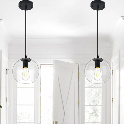 Industrial Farmhouse Globe Pendant Light Fixture With Adjustable Cord Black Hanging Ceiling Chandelier For Kitchen Island Dining Room Bar Area Or Restaurant Glass Globe Shade in hallway setting