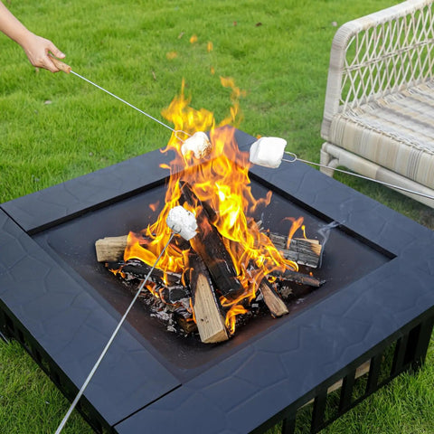 32 Inch Square Outdoor Fire Pit Table With Spark Screen And Fire Poker 3 In 1 Multipurpose Fire Pit for roasting marshmallows